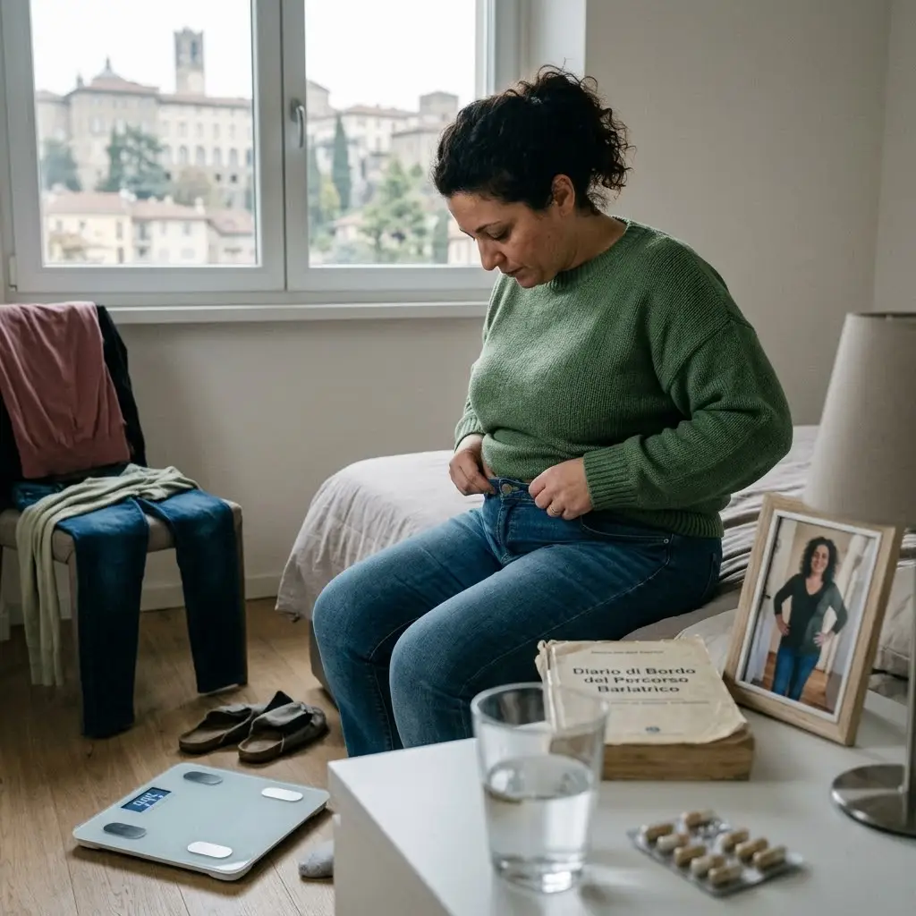 Una donna seduta sul letto si guarda i jeans stretti in vita, accanto a una bilancia e a una vecchia foto di sé più magra