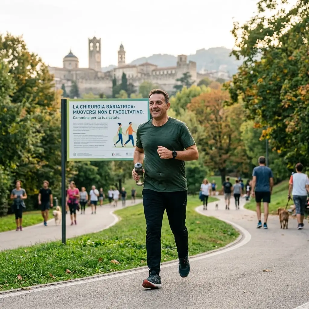 Un uomo corre in un parco di Bergamo con Città Alta sullo sfondo, accanto a un cartello sul movimento dopo la chirurgia bariatrica