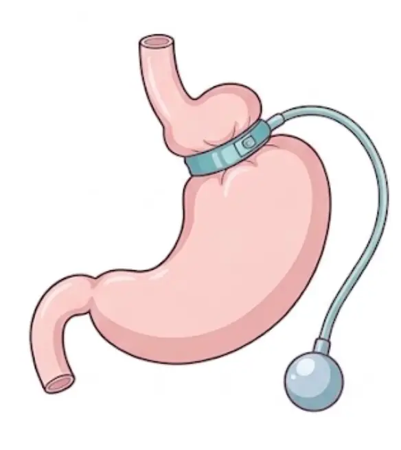 Schema del bendaggio gastrico regolabile: anello attorno alla parte alta dello stomaco collegato con un tubicino a un serbatoio sotto la pelle