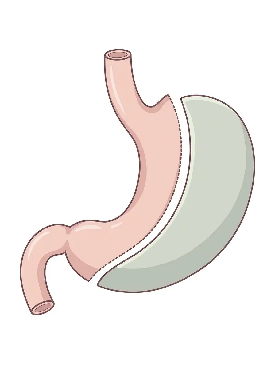 Schema della sleeve gastrectomy: lo stomaco ridotto a un tubulo, con la parte asportata lungo il margine esterno